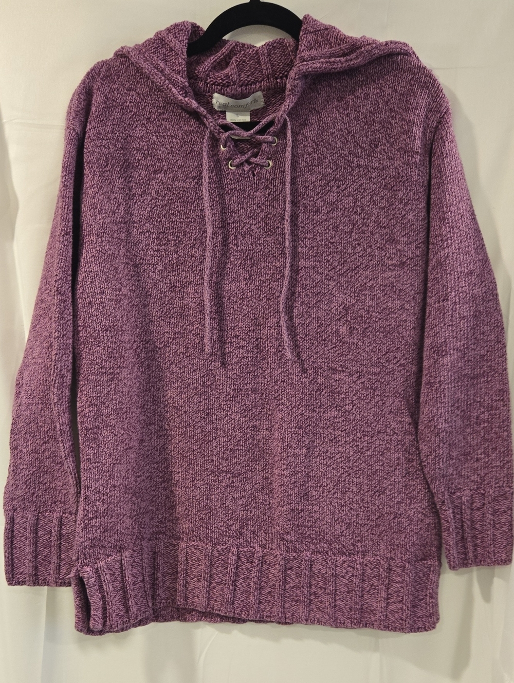 Vintage Real Comfort Purple Lace-Up V-Neck Cotton Sweater